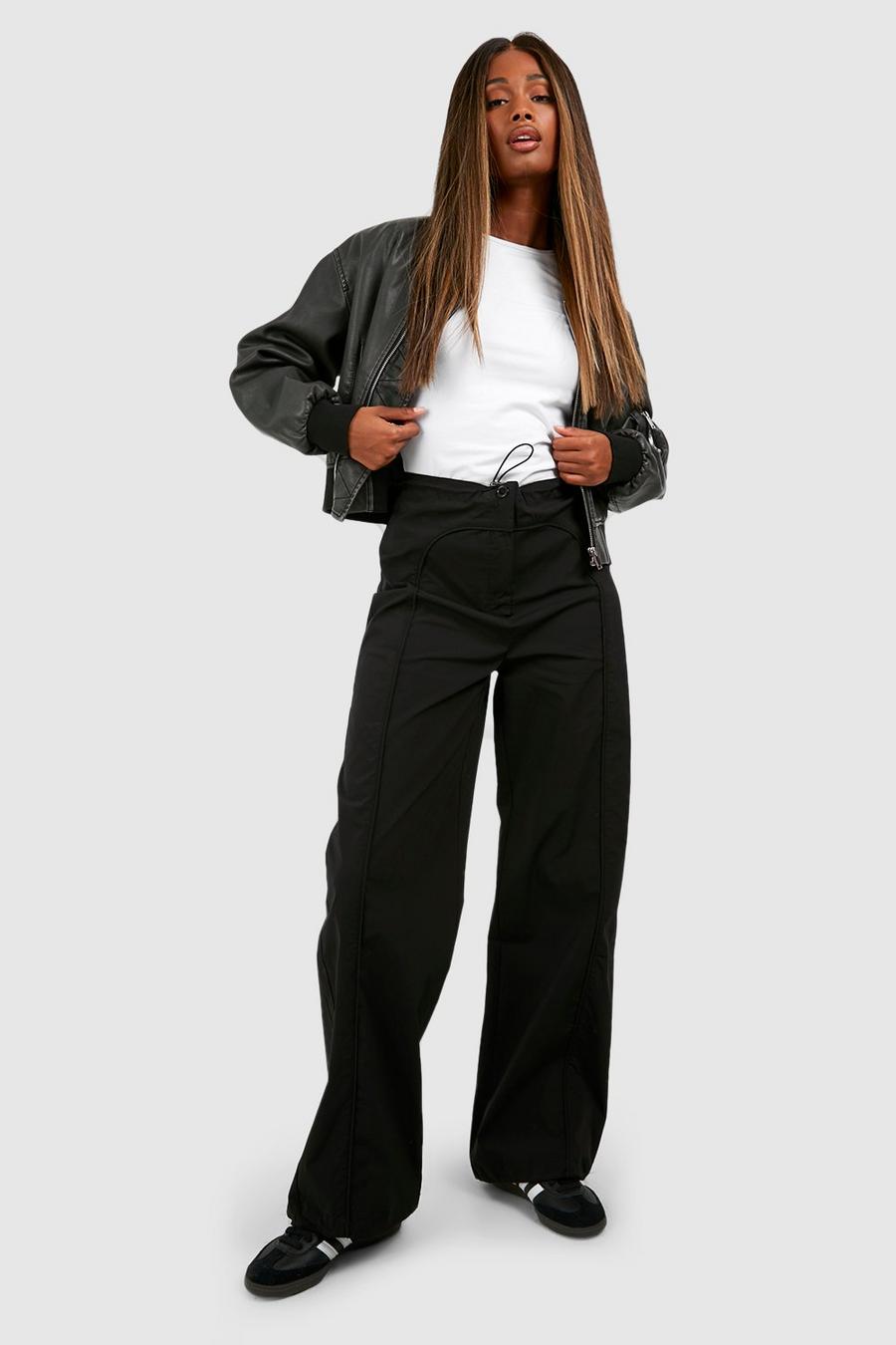 Black Piping Detail Wide Leg Parachute Trousers