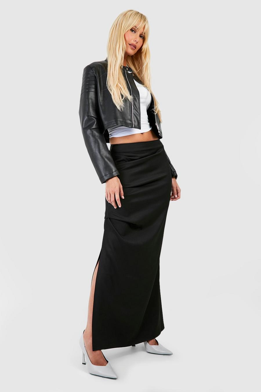 Black Ruched Split Side Parachute Maxi Skirt