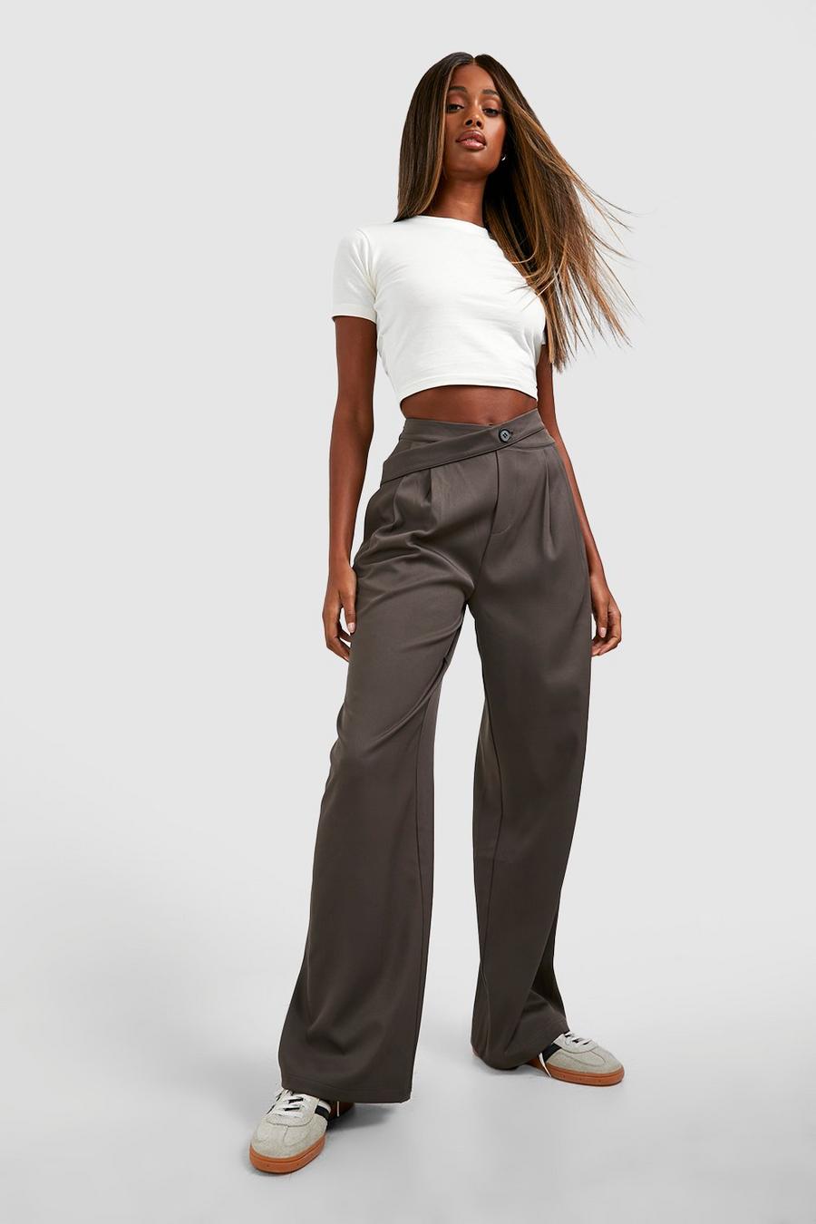 Grey Wrap Cut Out Waistband Wide Leg Trousers image number 1