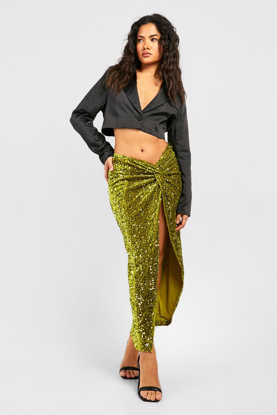 Chartreuse Velvet Sequin Knotted Split Midi Skirt image number 1