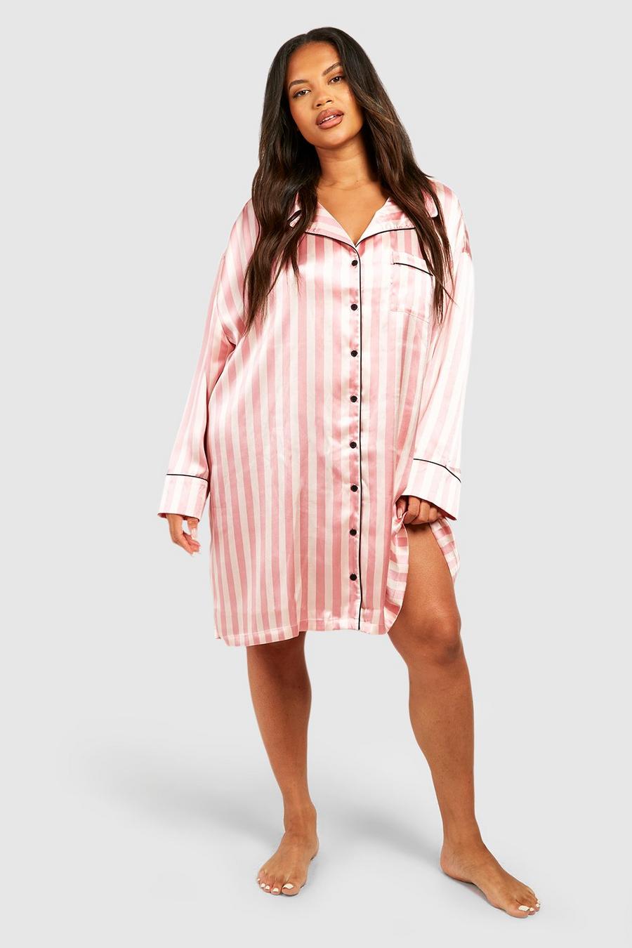 Camicia da notte pigiama Plus Size a righe verticali con scritta Candy, Pink