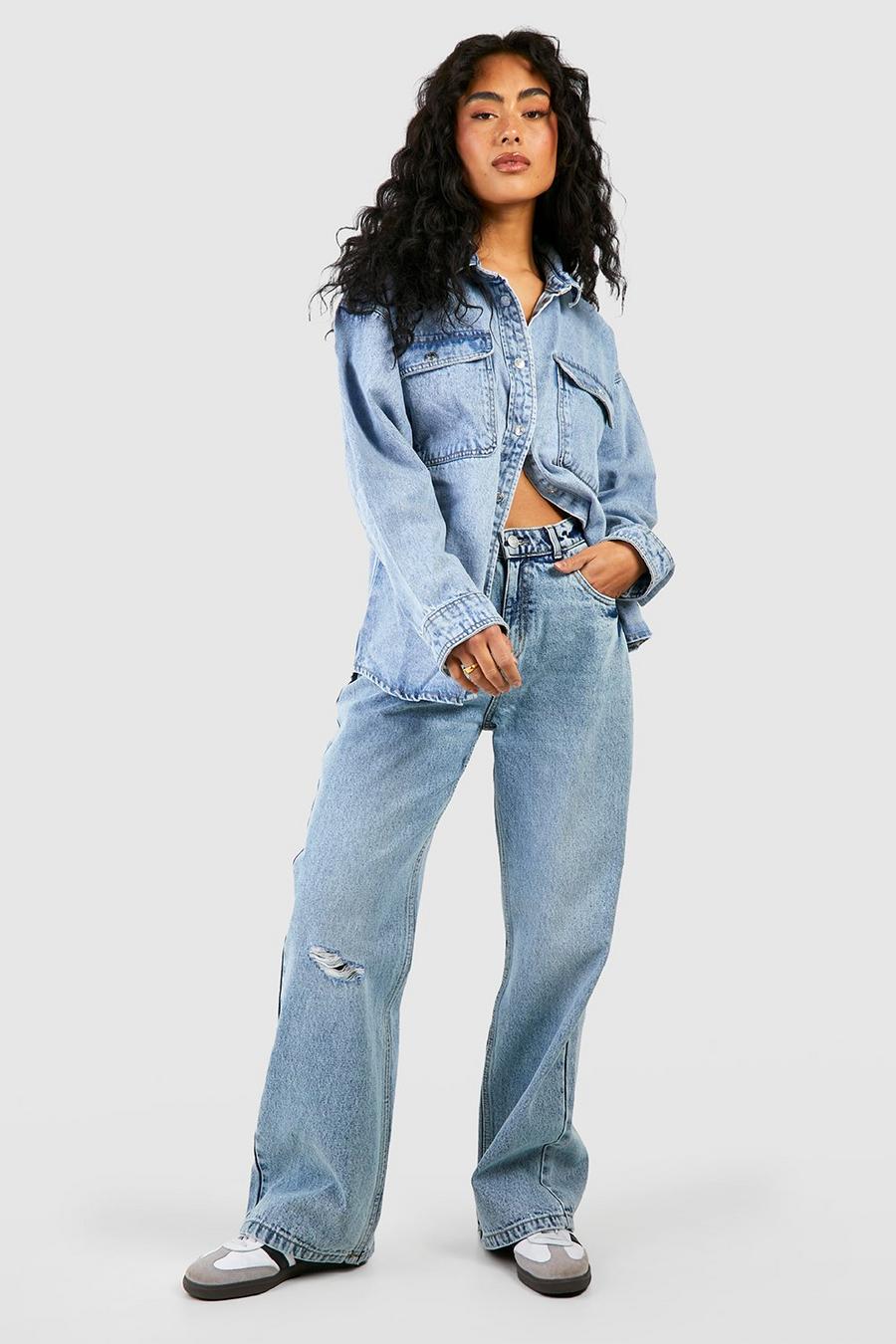 Vintage Wash Ripped Knee Straight Leg Jeans