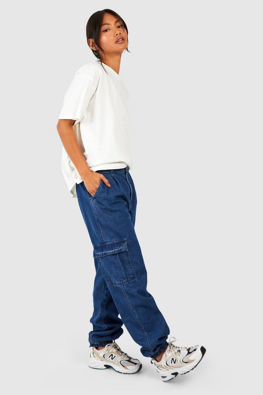 Pantalón cargo vaquero con botamanga elástica, Mid blue image number 1