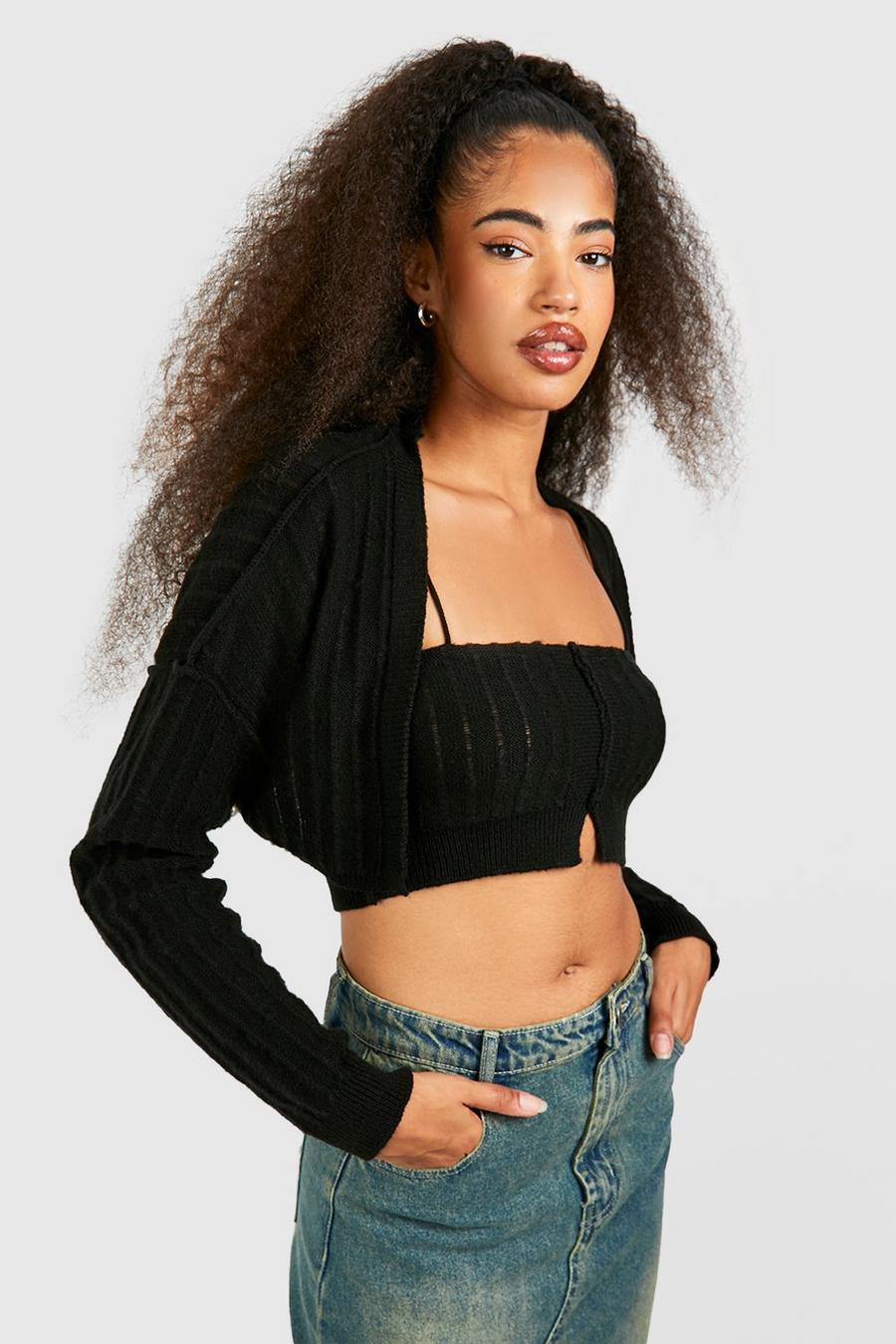Black Soft Knit Crop Cardigan And Bralette Two-Piece