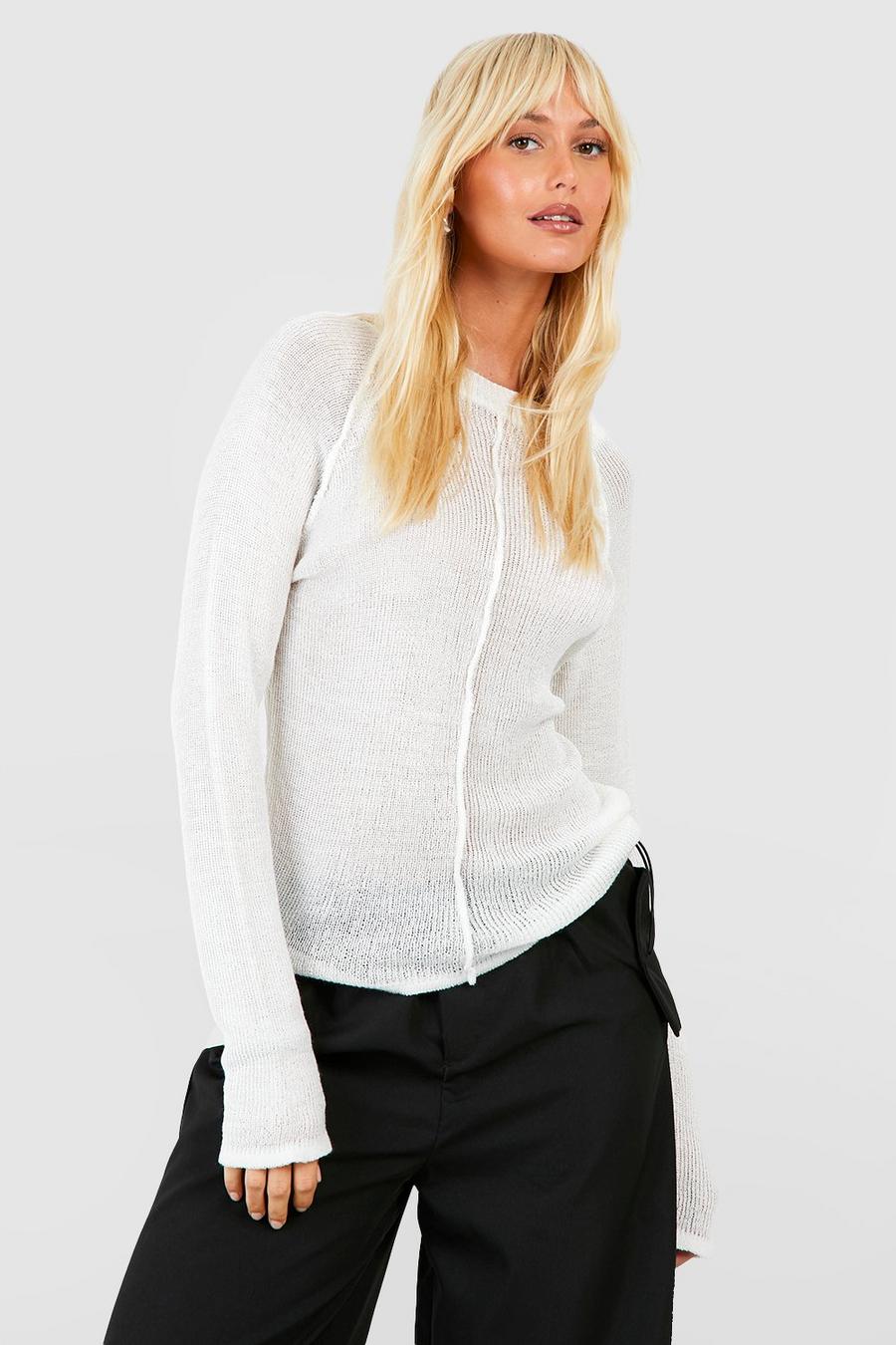 Ivory Sheer Knit Fine Gauge Seam Detail Sweater