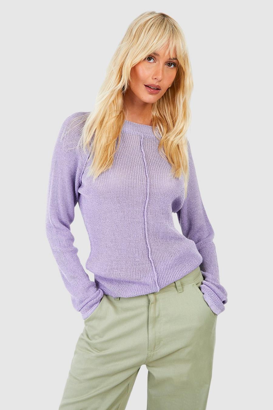 Lilac Sheer Knit Fine Gauge Seam Detail Sweater image number 1