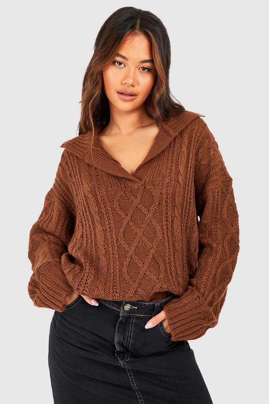 Chocolate Oversized Cable Polo Collar Jumper