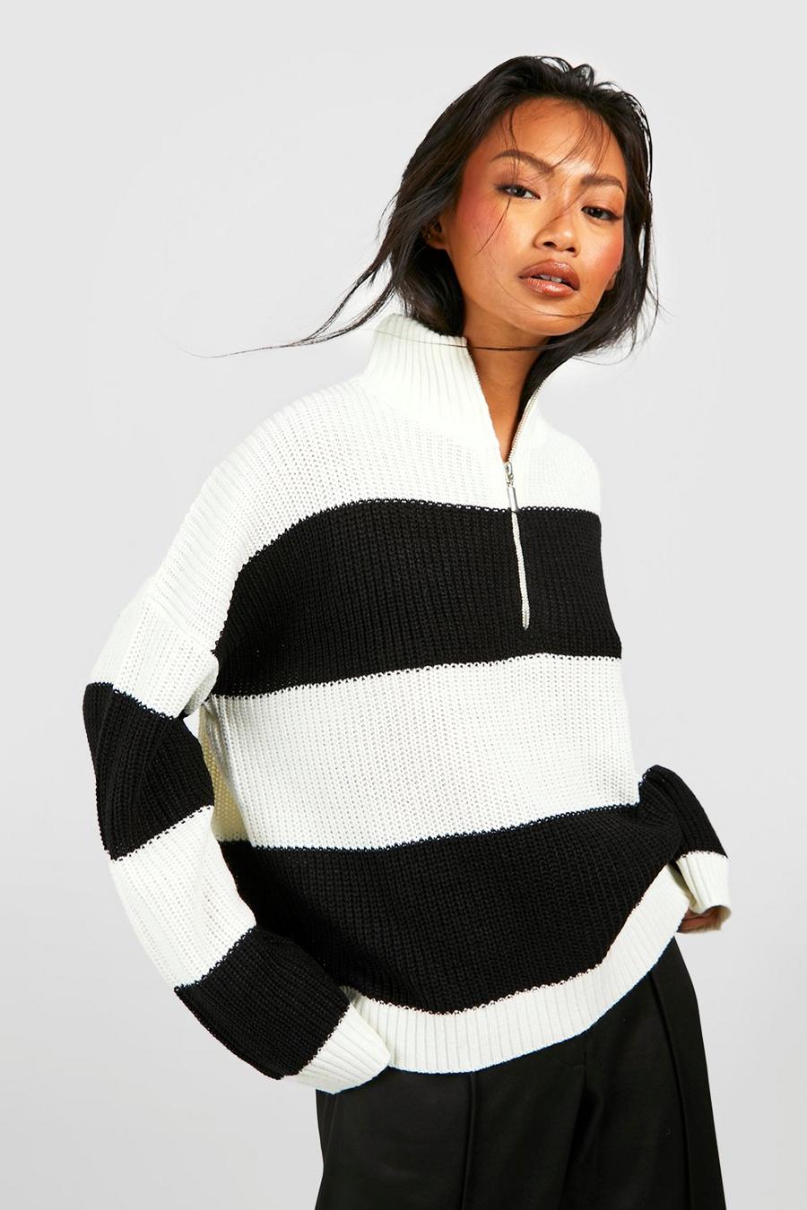 Black Wide Stripe Half Zip Sweater