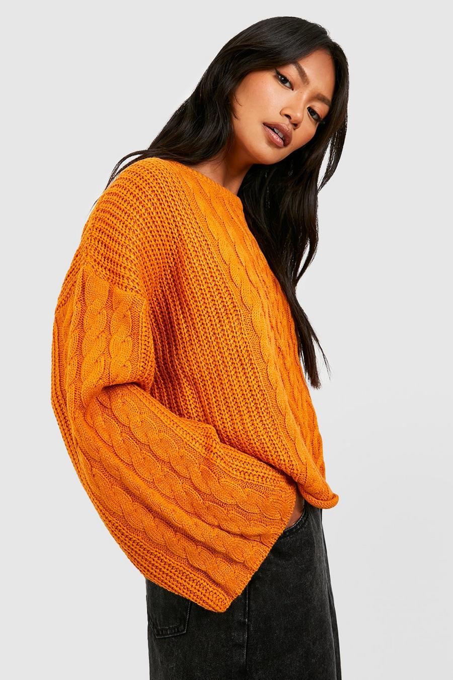 Pullover mit weiten Zopfmuster-Ärmeln, Orange