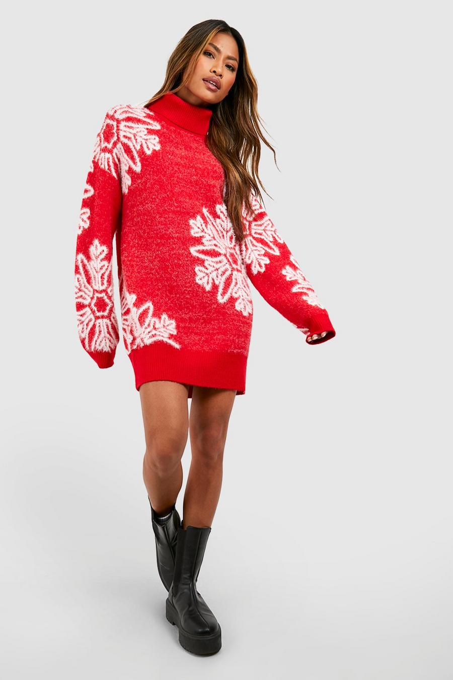 Flauschiges Weihnachts-Pulloverkleid mit Rollkragen und Schneeflocken, Red