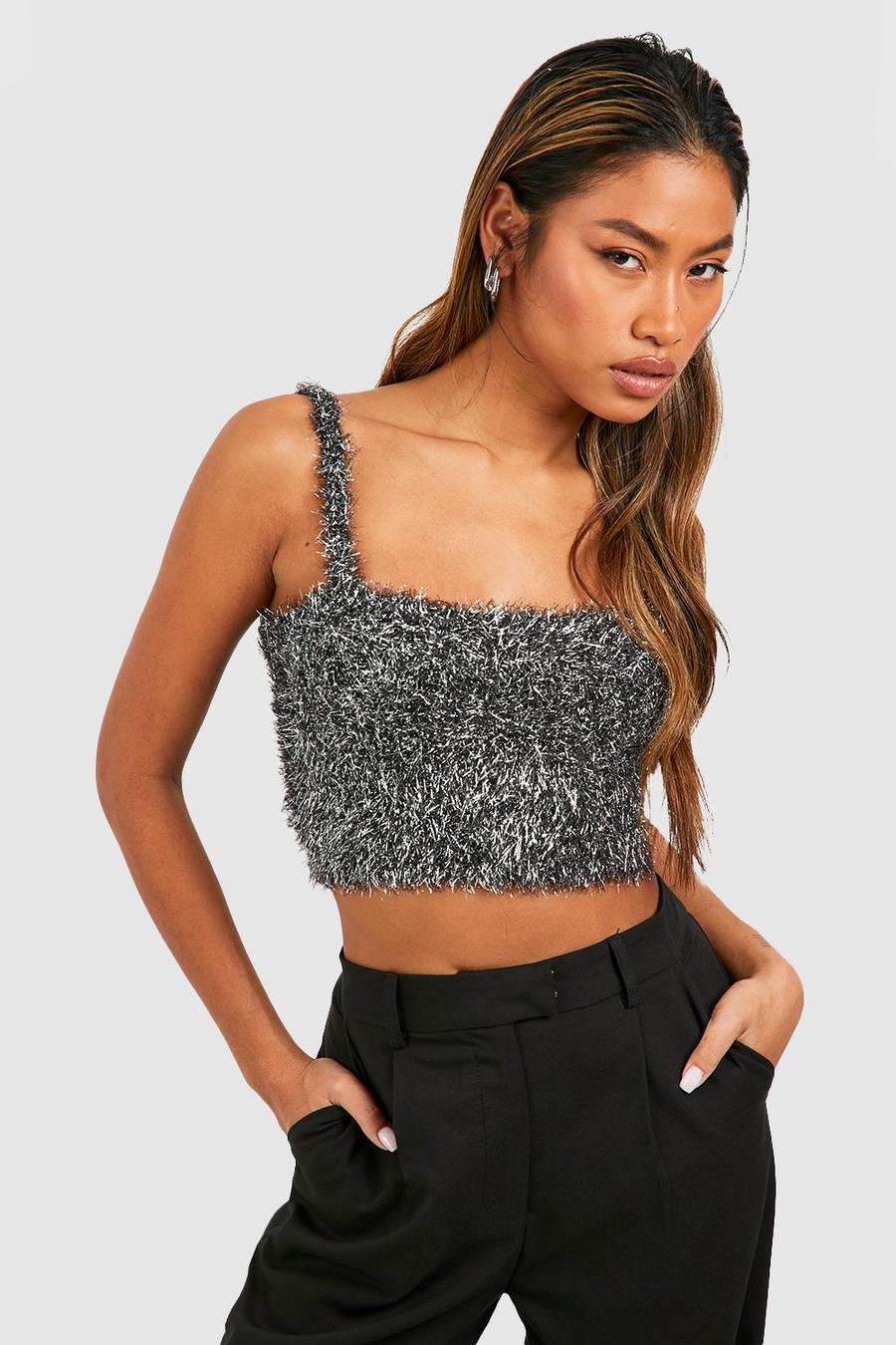 Gestricktes Crop Top mit Lametta, Black