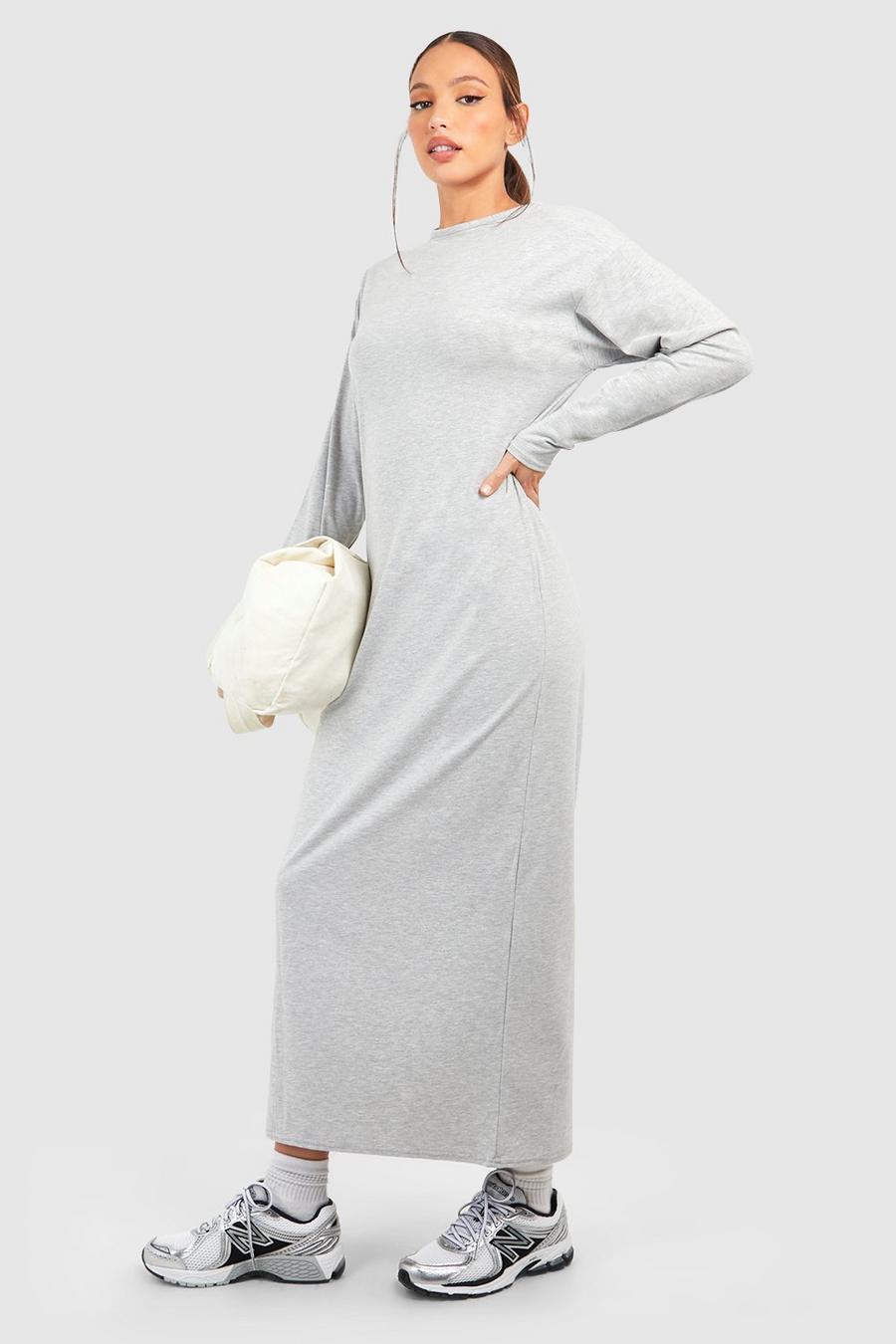 Grey Tall Cotton Longsleeve T-Shirt Column Midi Dress