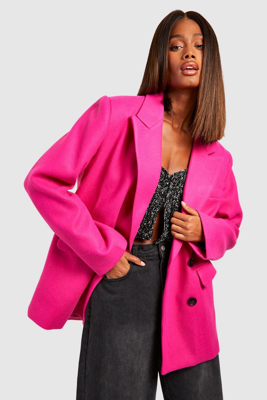 Americana entallada efecto lana con botonadura doble, Hot pink