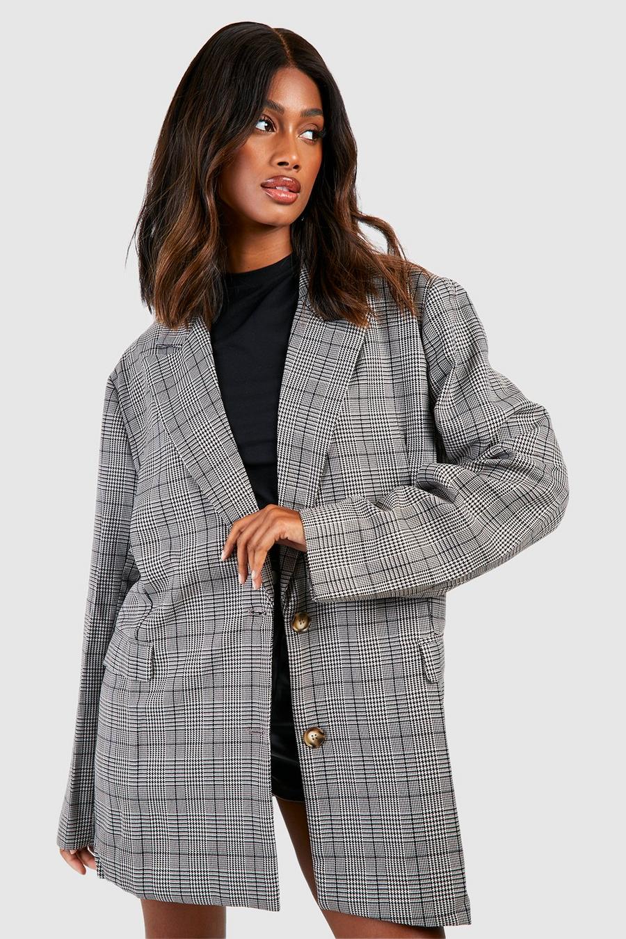 Camel Heritage Check Oversized Single Breasted Tailored Blazer