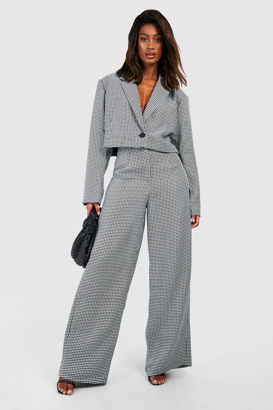 Black Houndstooth Wide Leg Tailored Trousers
