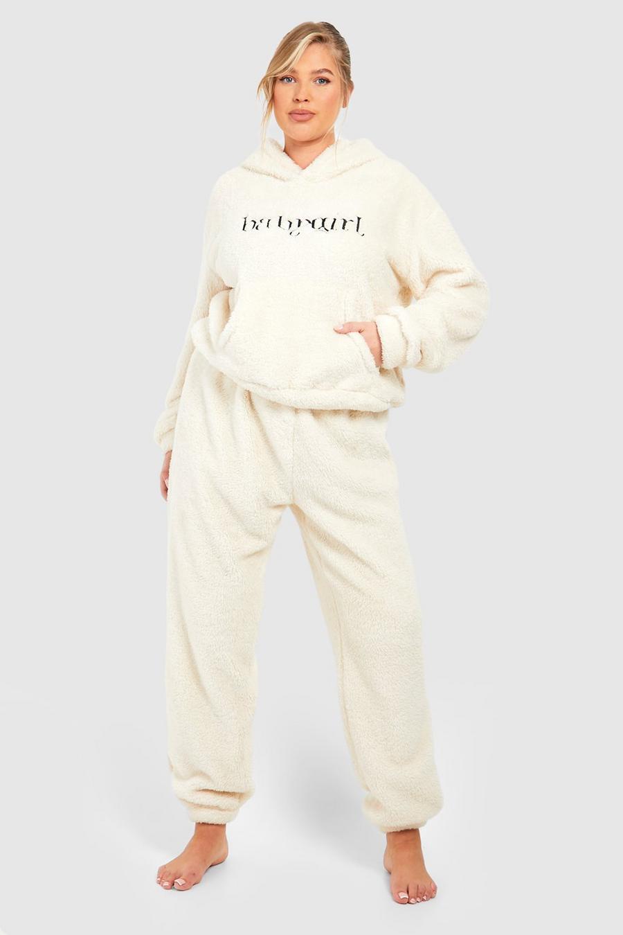 Set Loungewear da casa Plus Size in fleece con slogan Baby Girl, Cream