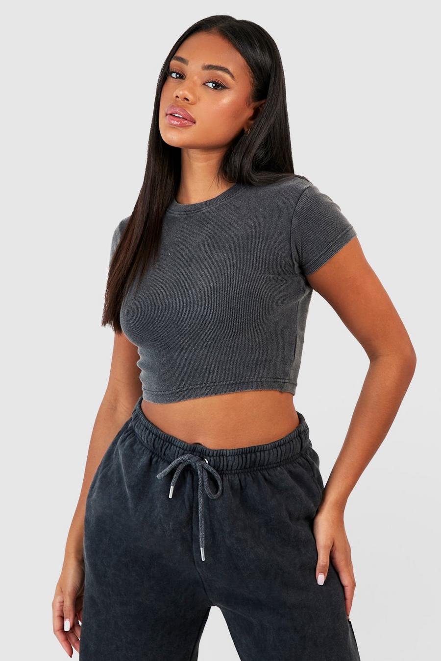 Charcoal Washed Rib Short Sleeve Fitted Top
