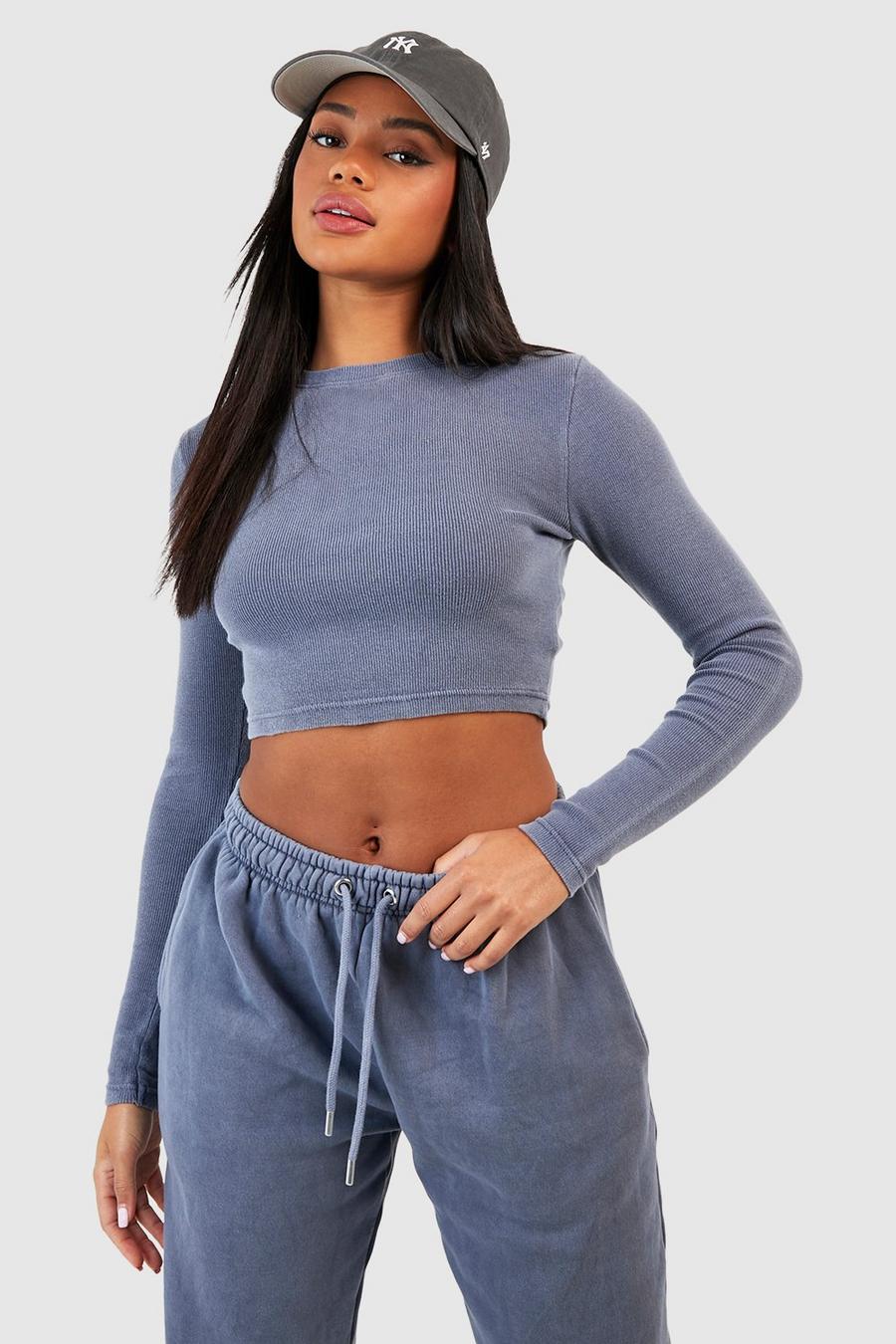 Denim-blue Washed Rib Long Sleeve Fitted Top