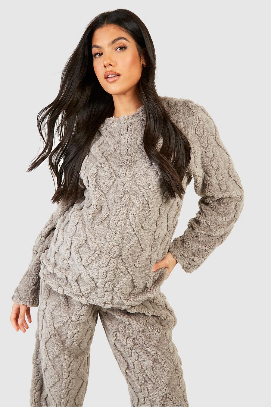 Grey Maternity Cable Knit Fleece Lounge Sweatshirt image number 1