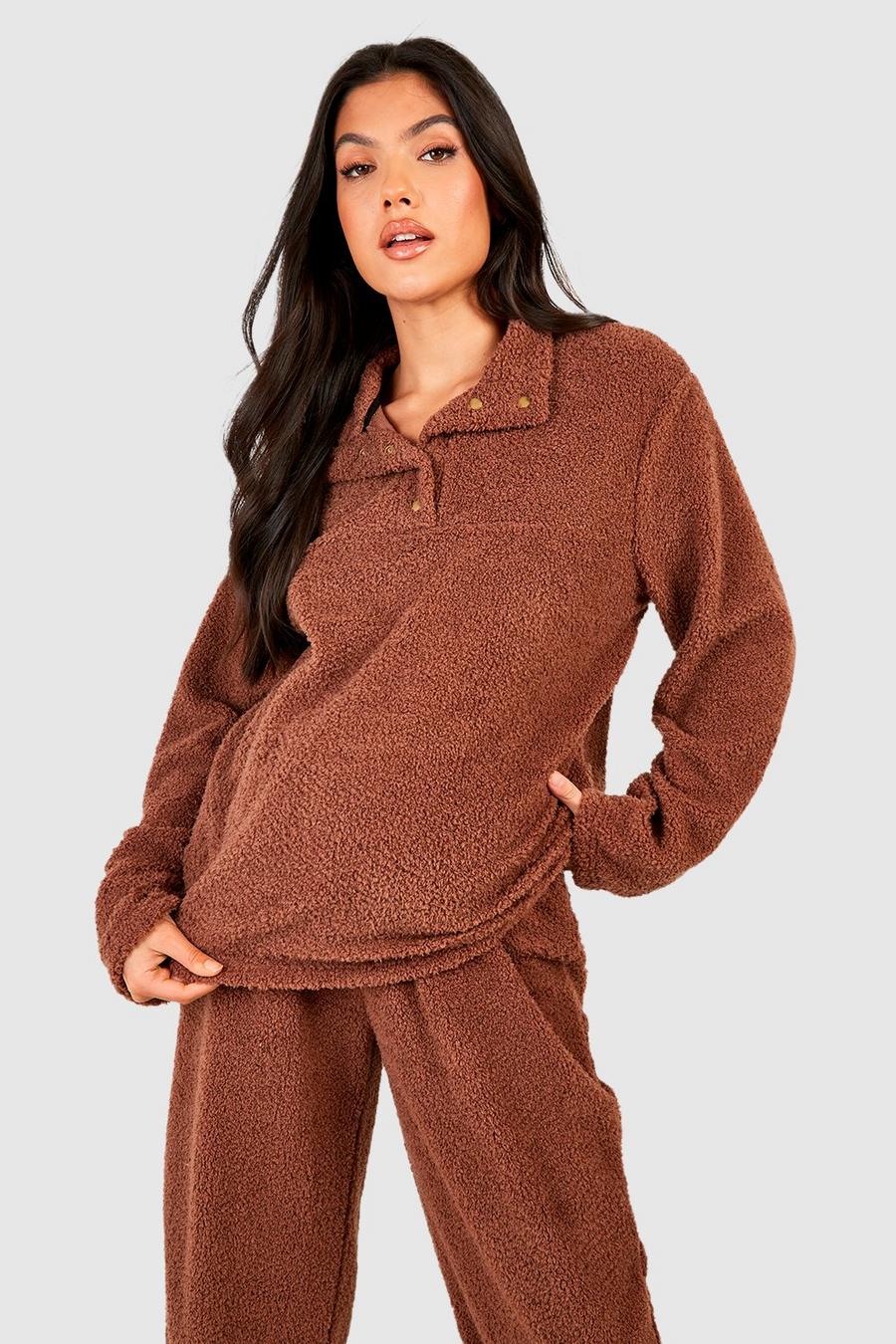 Chocolate Maternity Fluffy Borg Collared Lounge Sweatshirt 
