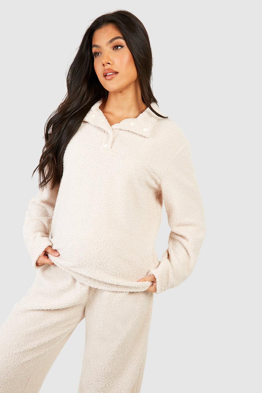 Cream Maternity Fluffy Borg Collared Lounge Sweatshirt  image number 1