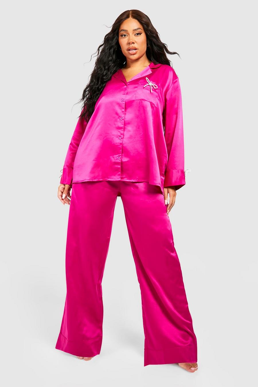 Set pigiama Plus Size Premium con camicia con strass, fiocco e gamba ampia, Pink