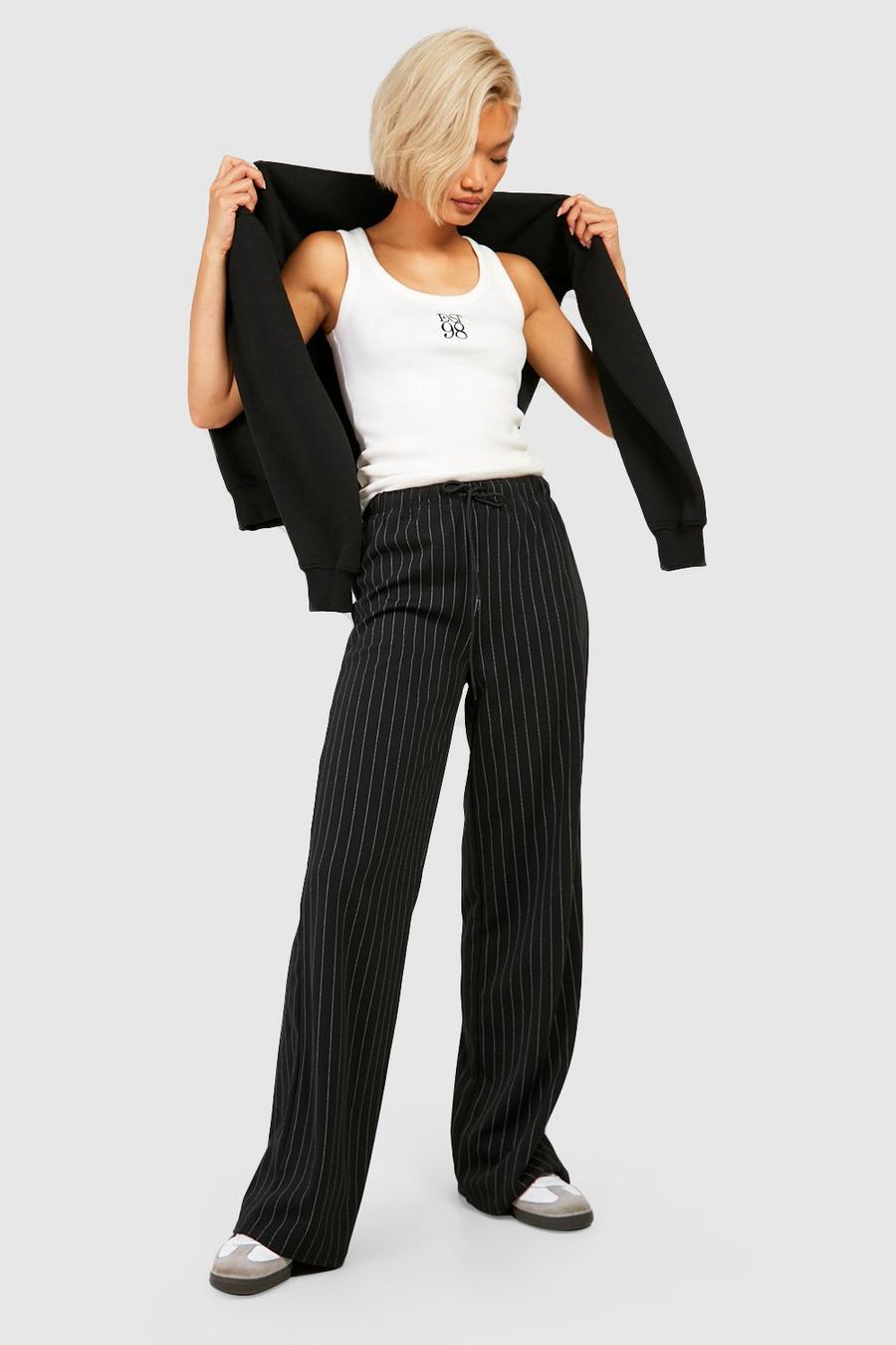 Black Pinstripe Drawcord High Waisted Wide Leg Pants image number 1