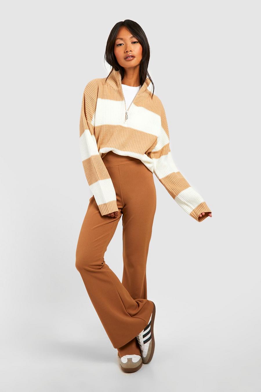 Camel Deep Waistband Crepe Flared Trousers