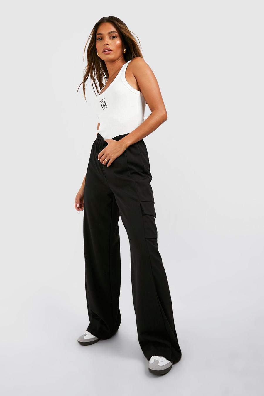 Black High Waisted Crepe Cargo Pants image number 1