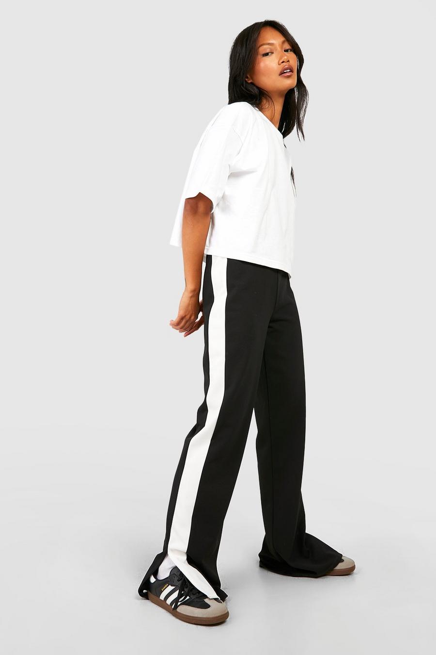 Pantalon fendu taille haute à rayures latérales, Black image number 1