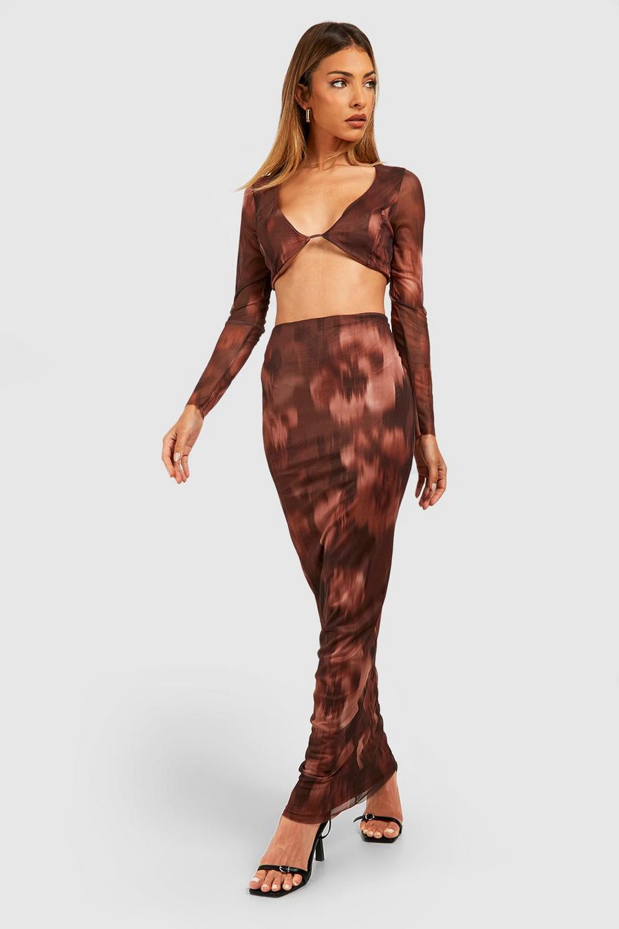 Chocolate Blurred Floral Mesh Bralette & Maxi Skirt