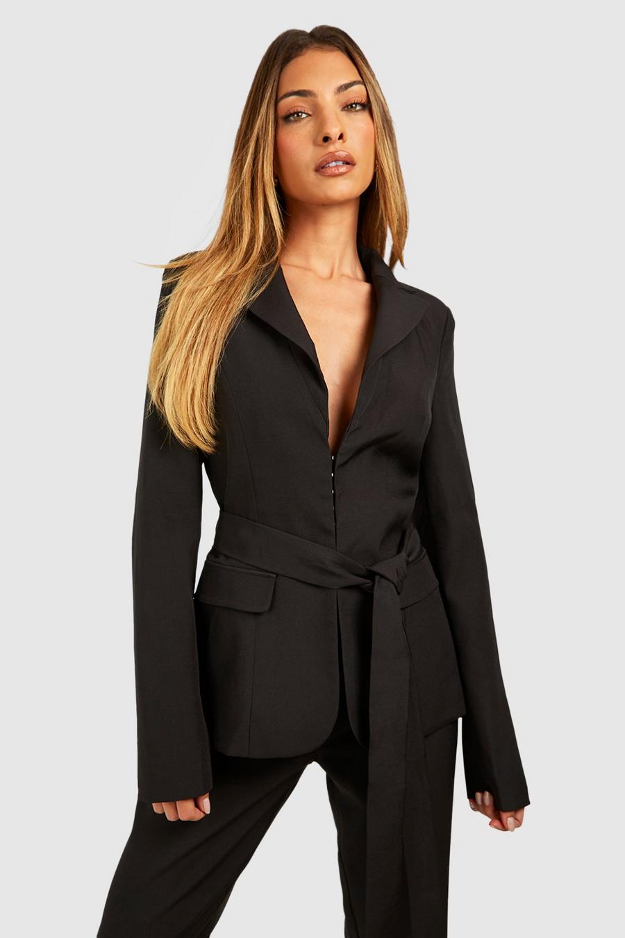 Black Tailored Tie Waist Fitted Blazer