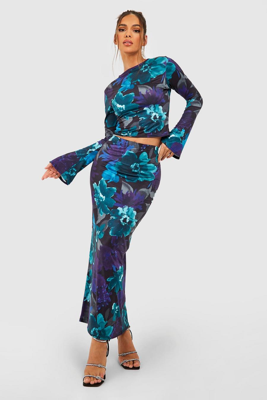 Midnight Blurred Floral Flared Sleeve Top & Maxi Skirt