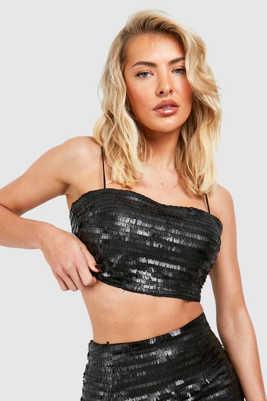 Black Matte Sequin Square Neck Cami