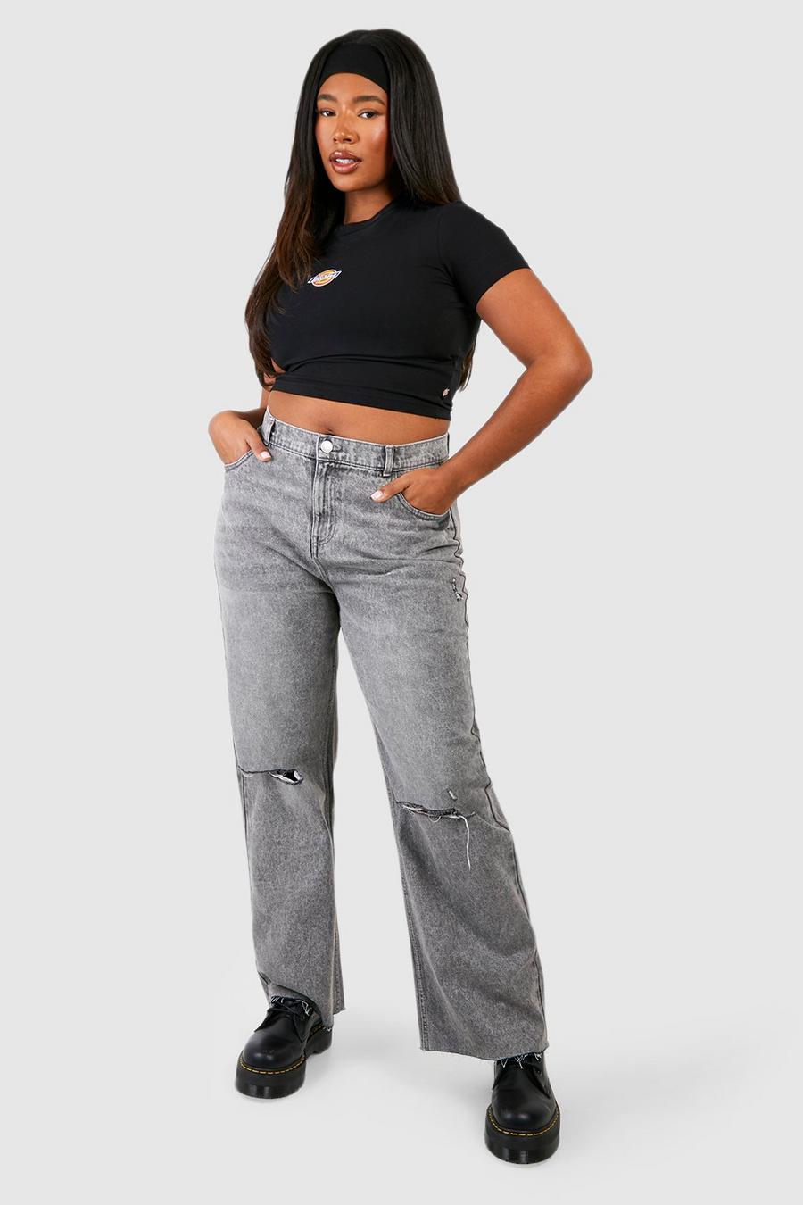 Jeans dritti Plus Size rilassati con strappi sul ginocchio e fondo grezzo, Light grey