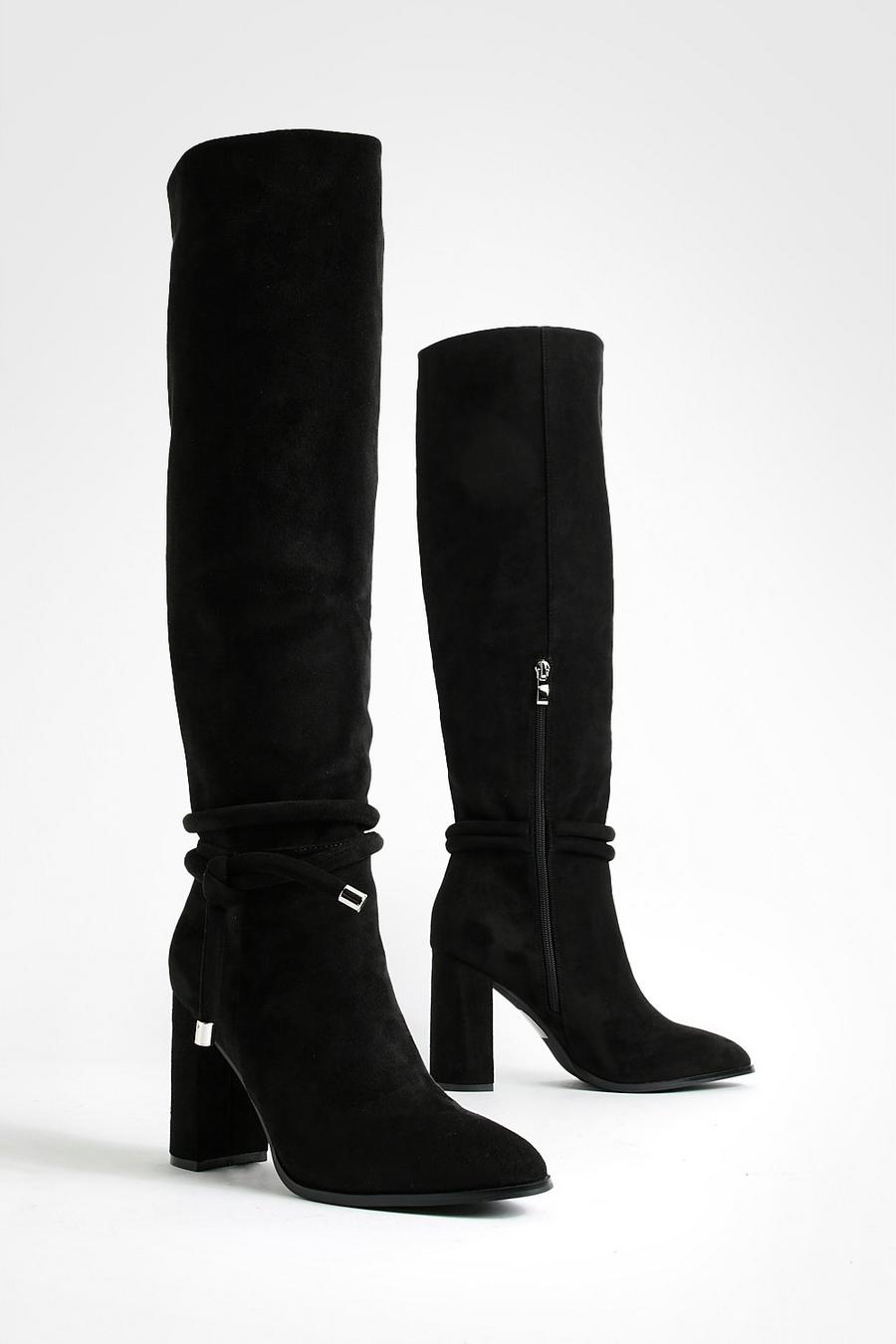 Black Tie Detail Block Heel Knee High Boots