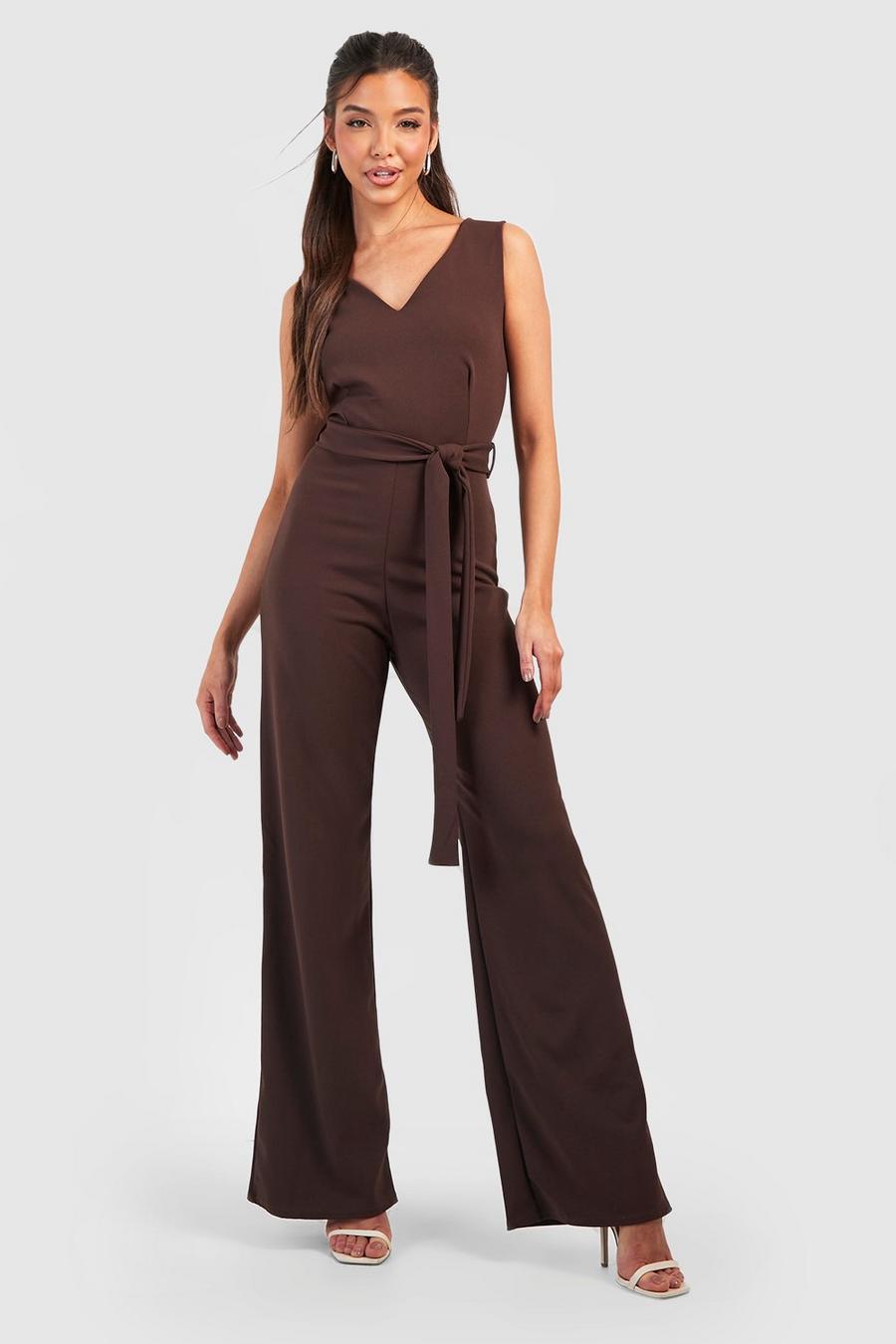 Chocolate Crepe Self Fabric Belted Wide Leg Jumpsuit