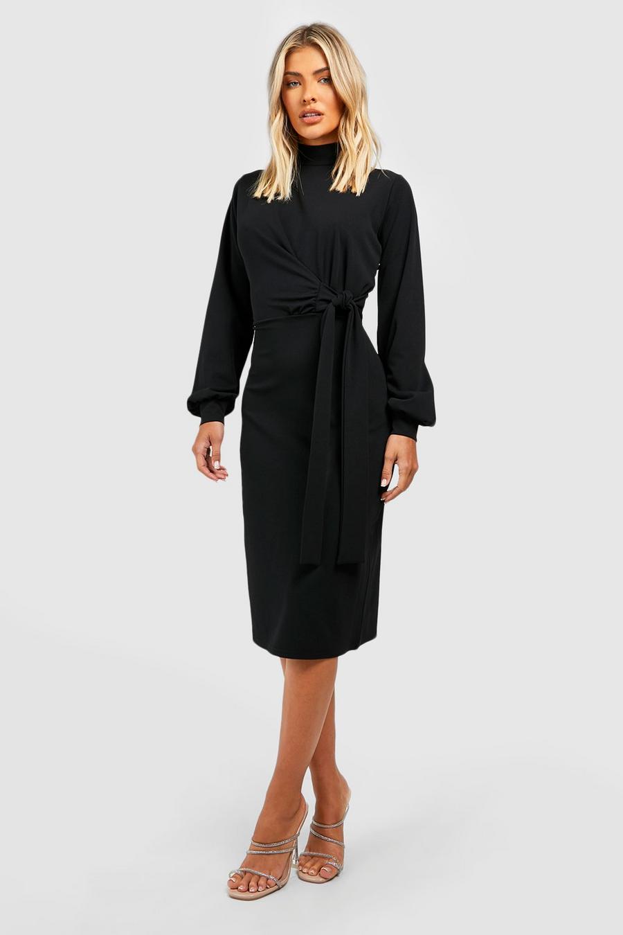 Black Volume Sleeve Tie Waist Midi Dress image number 1
