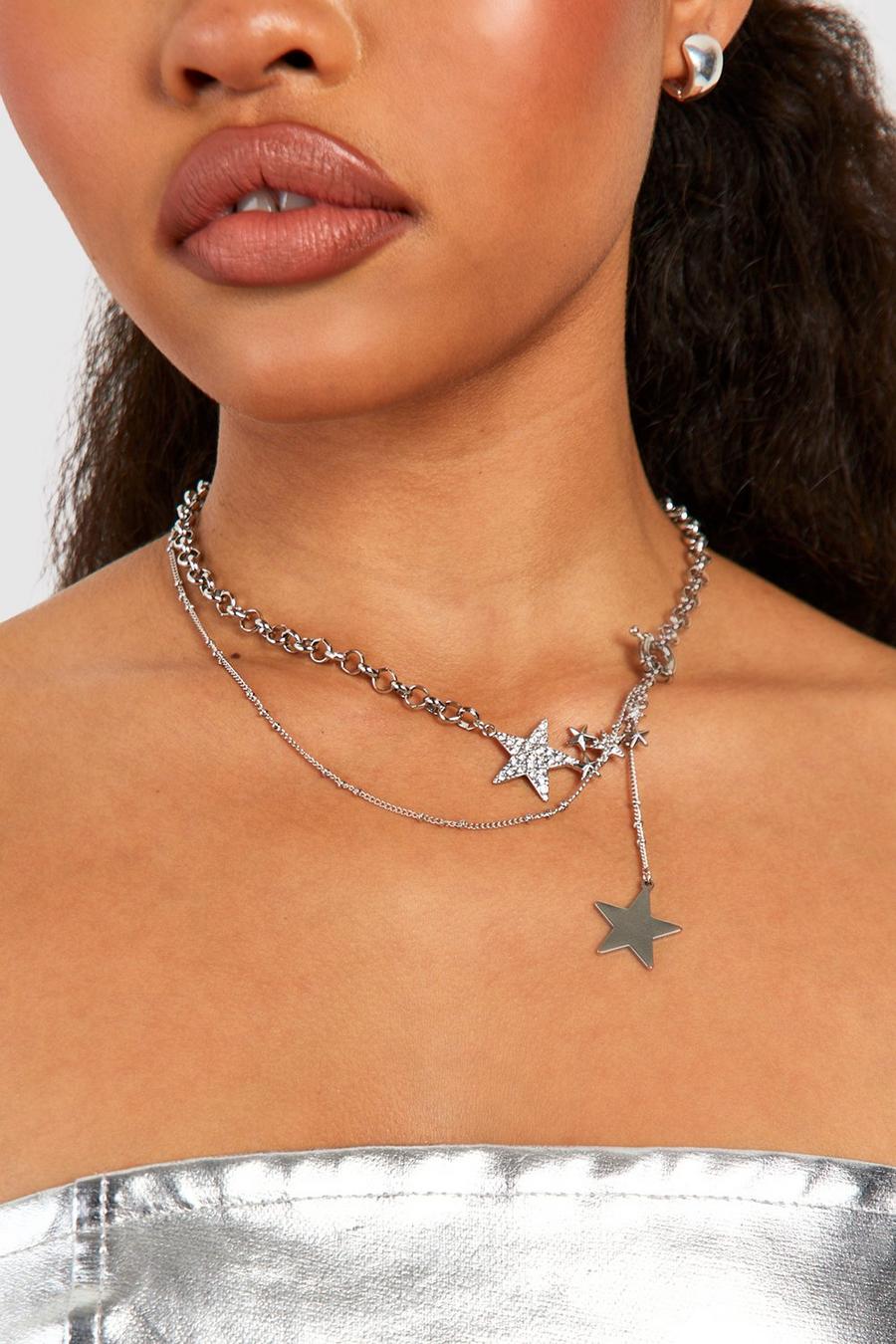 Silver Celestial Star Chain Layered Necklace 