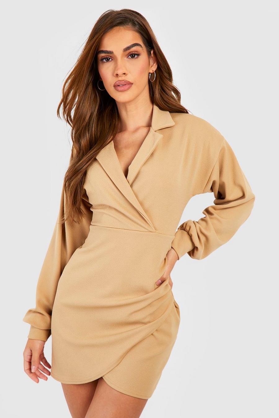 Camel Crepe Puff Sleeve Wrap Front Shirt Dress