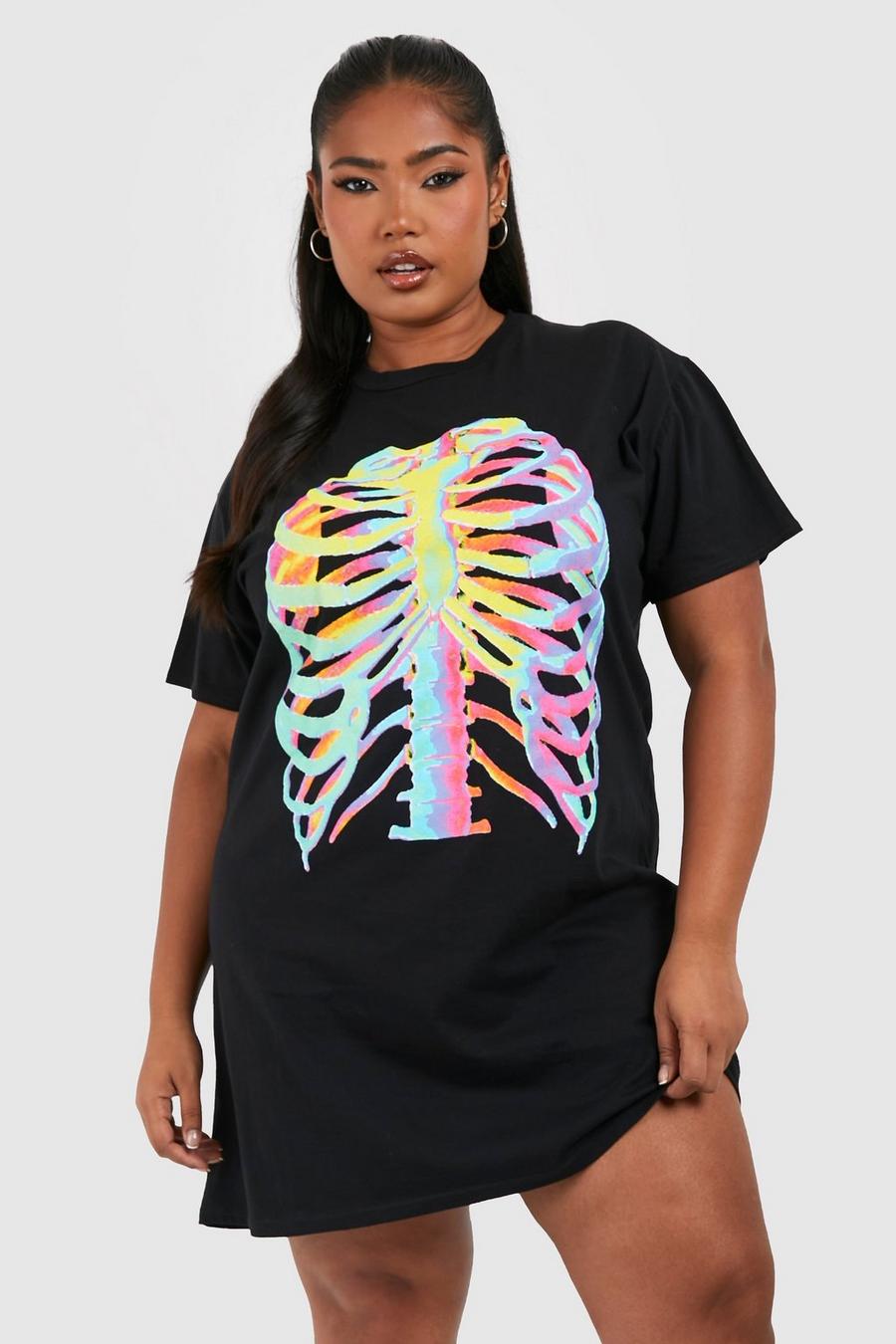 Plus Halloween T-Shirt-Kleid mit Skelett-Print, Black