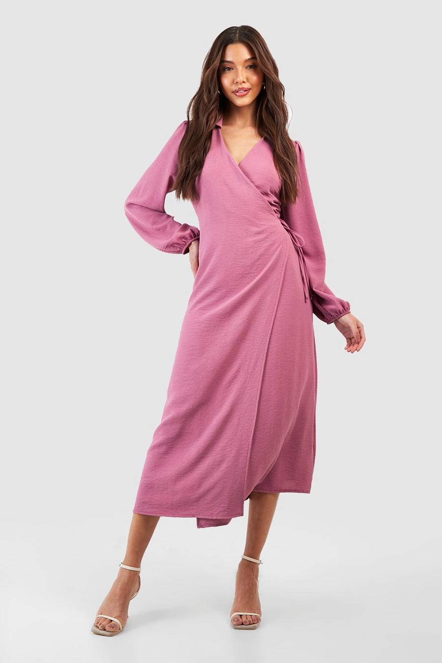 Rose Hammered Volume Sleeve Wrap Front Shirt Dress