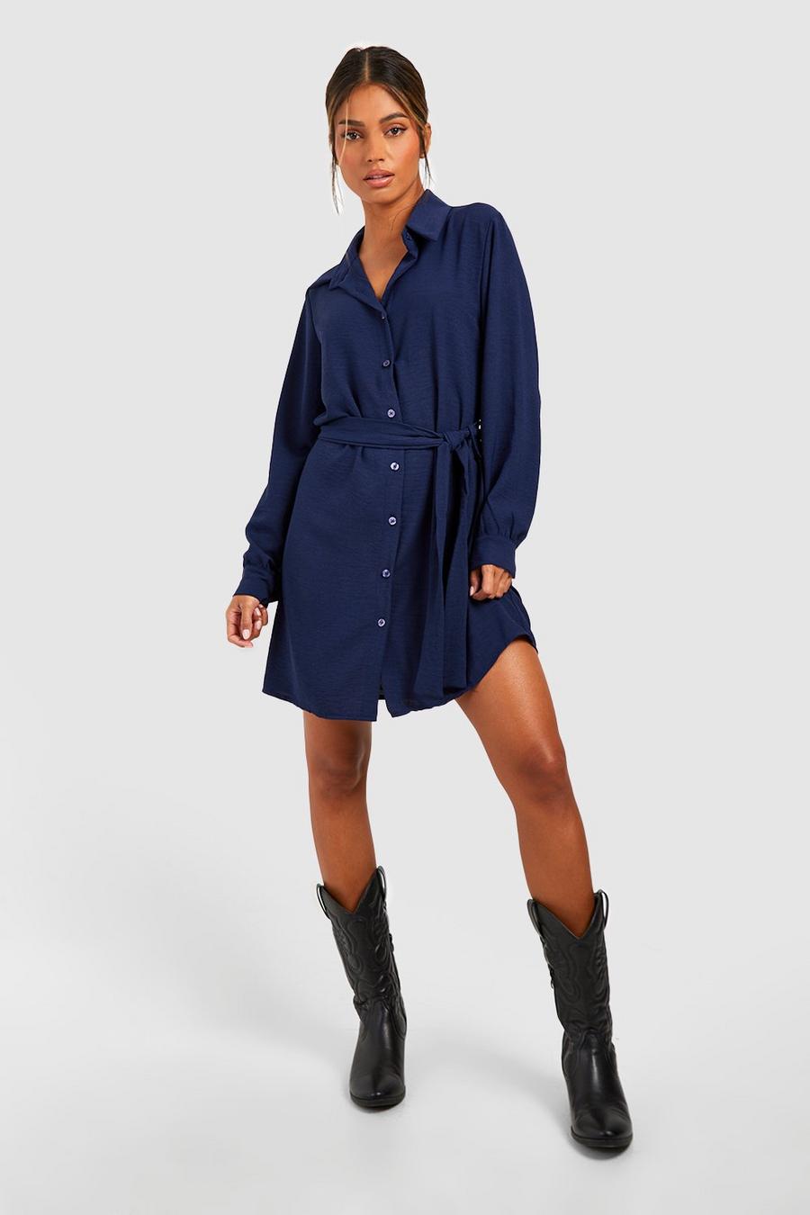 Navy Hammered Tie Waist Shirt Dress