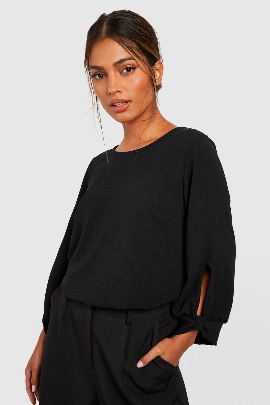 Black Hammered Bow Sleeve Woven Blouse