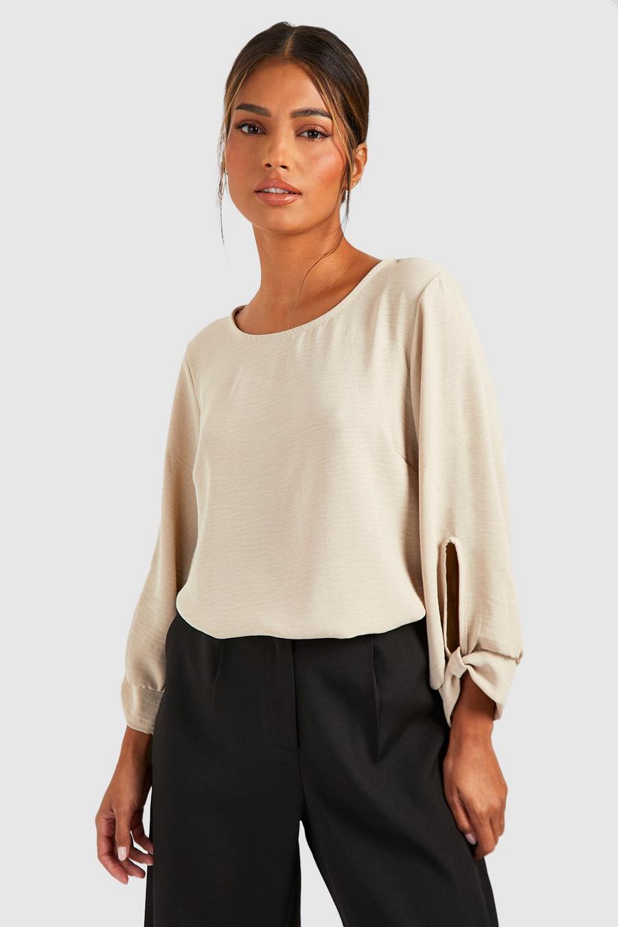Taupe Hammered Bow Sleeve Woven Blouse