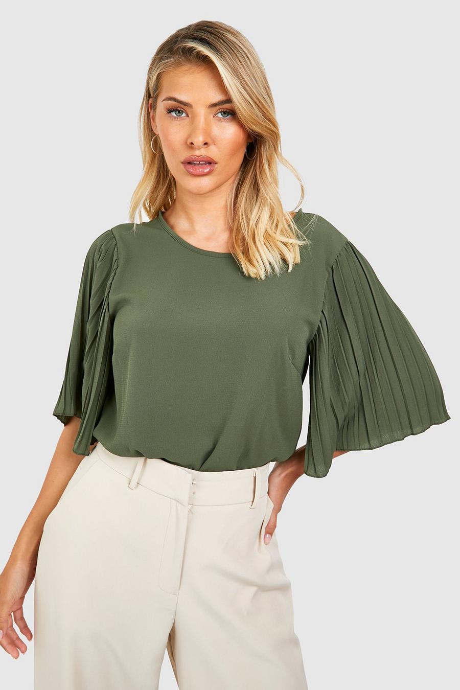 Khaki Pleat Sleeve Woven Blouse