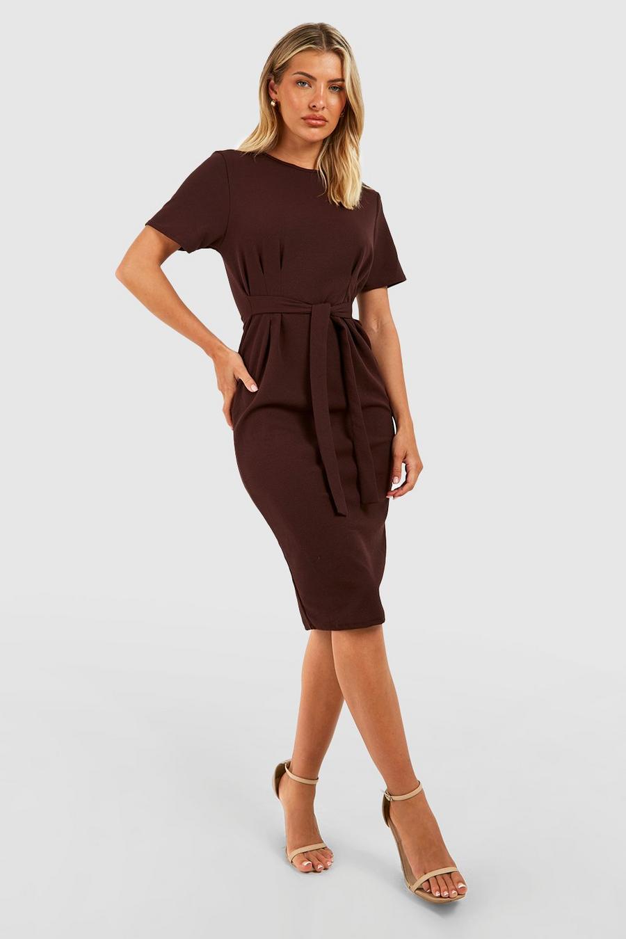 Chocolate Jersey Knit Crepe Pleat Front Belted Midi Dress