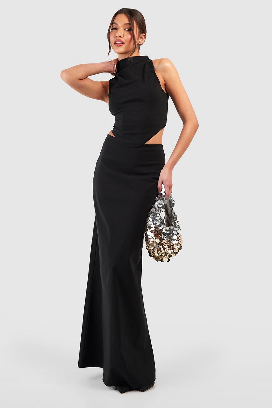 Black Ruched Neckline Dipped Hem Top & Flared Maxi Skirt