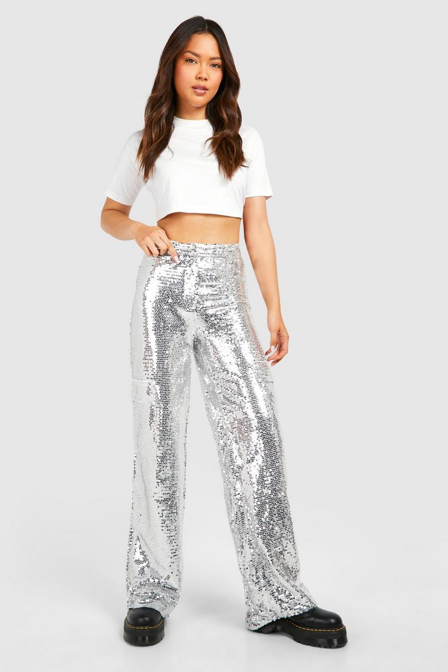 Pantaloni Cargo effetto opaco con paillettes, Silver