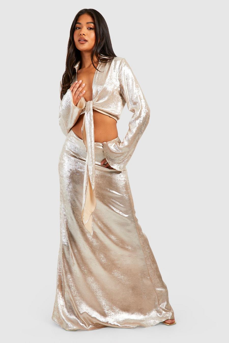 Gold Petite Metallic Bias Cut Maxi Rok